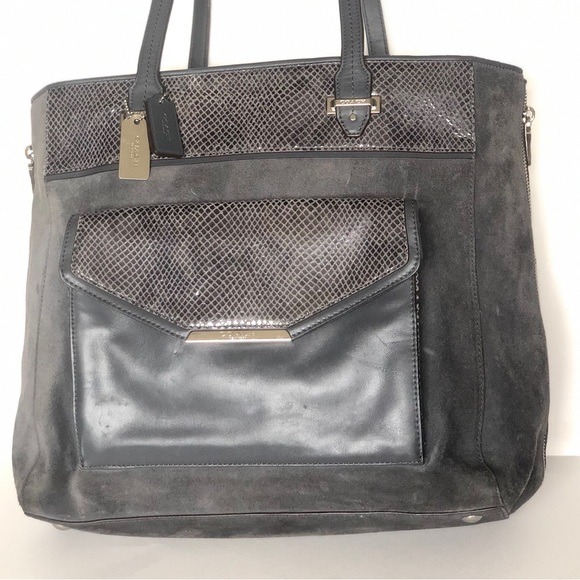 COACH Grey Large Carryall Suede Leather Tote Large Expandable Zipper Snakeskin - Picture 9 of 15